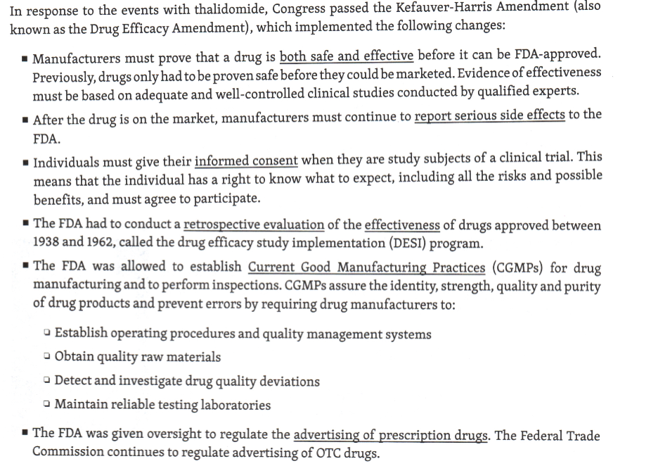 <p>Required new drugs to be proven <strong><u>safe </u><em><u>AND</u></em><u> EFfective</u></strong><em><u> before going to market</u></em></p><p>Required informed consent from research subjects</p>