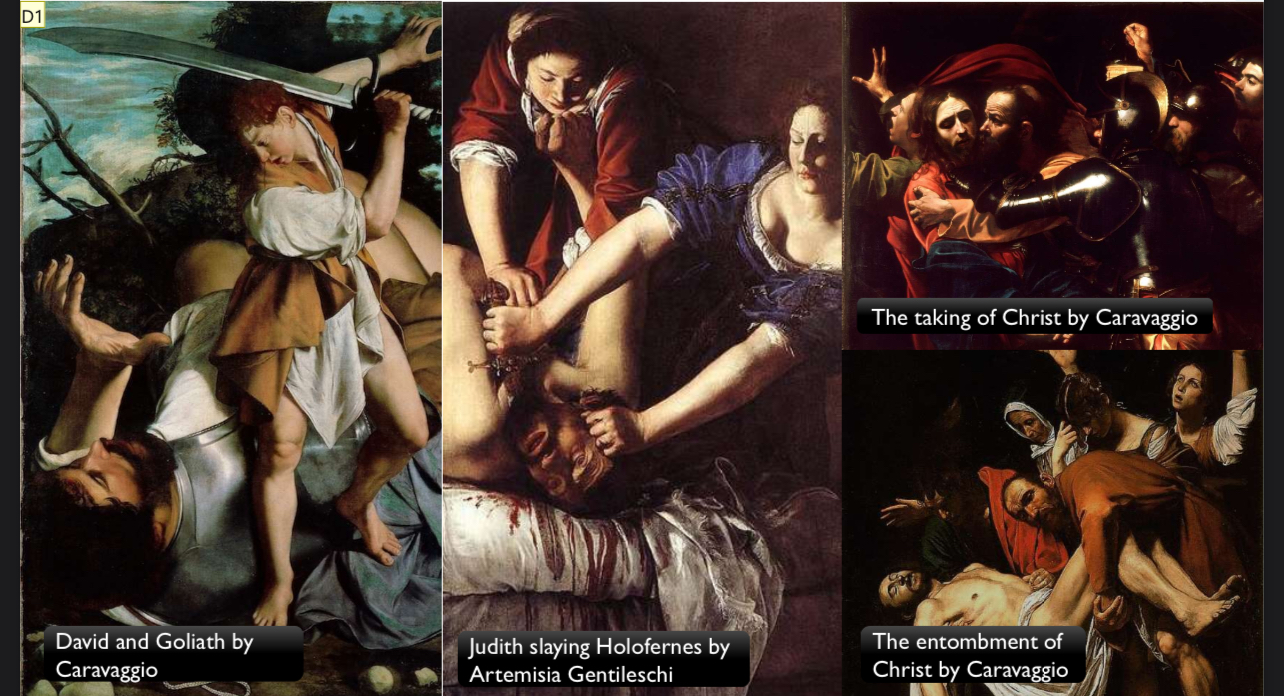 <ul data-type="taskList"><li data-checked="false" data-type="taskItem"><label><input type="checkbox"><span></span></label><div><p>Refers to the period of European arts of the <strong><em>17th and 18th centuries</em></strong> that follows mannerism and it is <strong><em><u>distinct with ornate detail</u></em></strong></p></div></li><li data-checked="false" data-type="taskItem"><label><input type="checkbox"><span></span></label><div><p>Characterized by its <strong><em><u>dramatic, exuberant and grandiose qualities</u></em></strong></p></div></li><li data-checked="false" data-type="taskItem"><label><input type="checkbox"><span></span></label><div><p><strong><em>Example</em></strong>:</p><p>David and Goliath (Caravaggio)</p><p>Judith slaying Holofernes (Artemisia Gentileschi)</p><p>The taking of Christ (Caravaggio)</p><p>The entombment of Christ (Caravaggio)</p></div></li></ul>