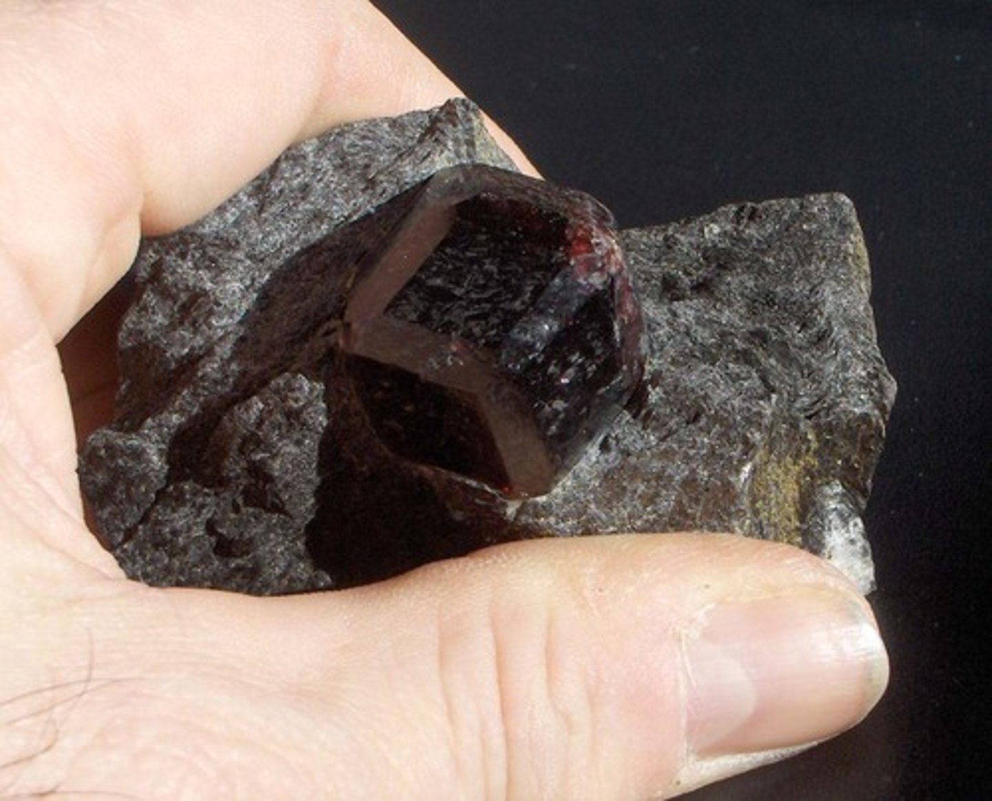<p>Intrusive metamorphic rock (formed from magma, NOT lava, cools slowly)</p><p>Color: dark red to brown</p><p>Streak: colorless or light colored</p><p>Layers:</p><p>Texture:</p><p>Shiny: glassy or dull</p><p>Hardness: Moh's scale 6.5</p><p>Other: Can form garnet crystals</p>