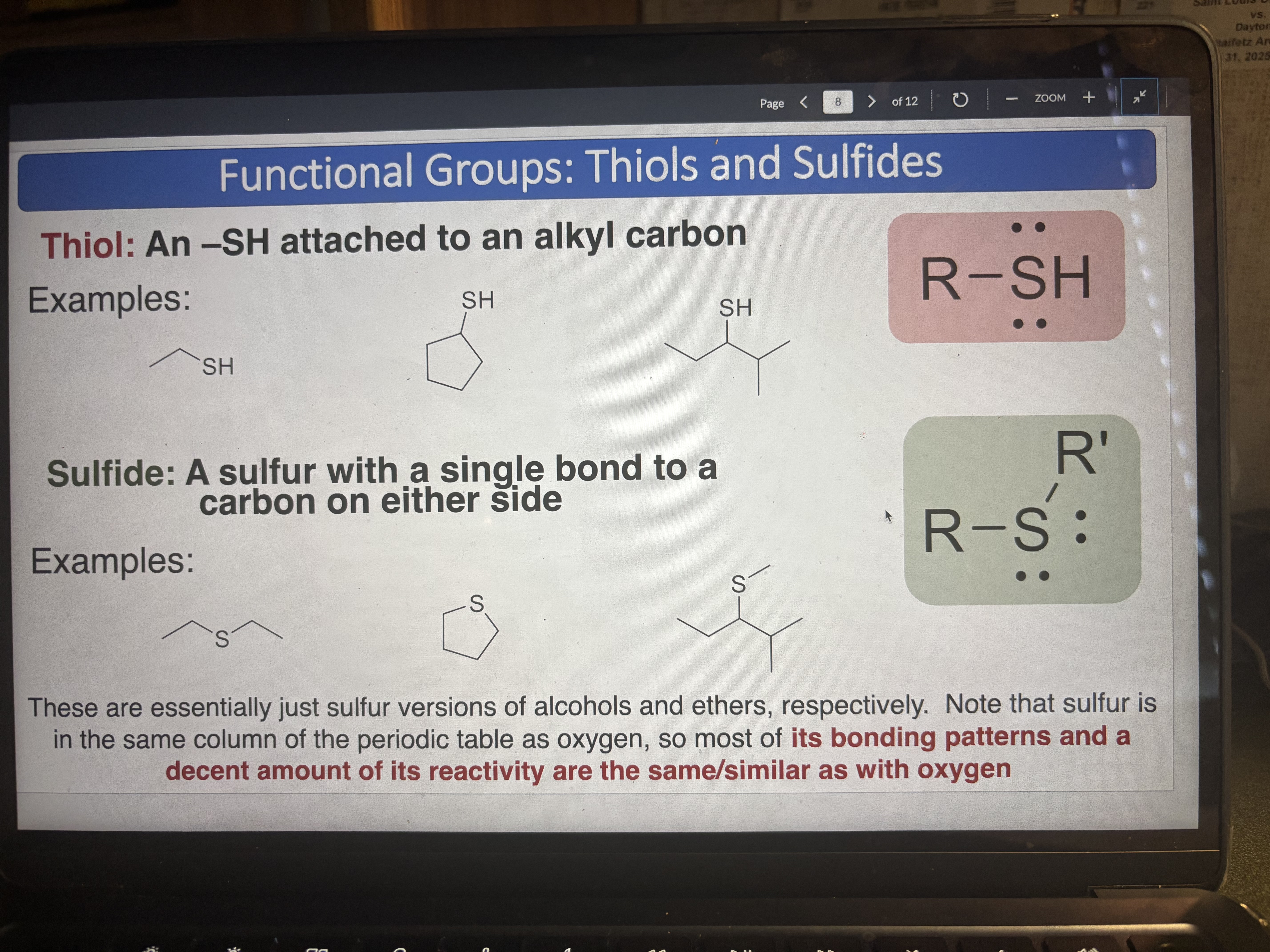 <p>A sulfur with a single bond to a carbon on either side</p>