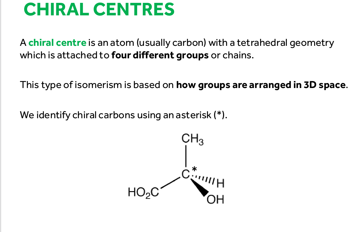 <p>A carbon with 4 different groups or chains </p>