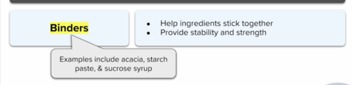 <p>Allow contents of tablet to stick together to provide stability</p><p>EG. starch paste</p>