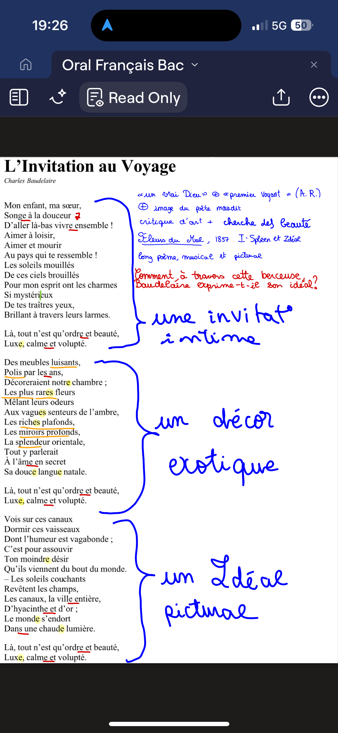 <p><span><span>Dans l’&nbsp;«&nbsp;Invitation au Voyage&nbsp;», Baudelaire cherche à fuir le Spleen, à s’émanciper de la société en créant un Ailleurs imaginaire, au moyen des ressources de la poésie, mais aussi de la musique et de la peinture. Le poème, qui se donne comme une berceuse, est alors l’occasion pour Baudelaire de préciser sa vision de l’Idéal, associé à un Ailleurs exotique et artificiel. </span></span></p><p><strong>Il s’agit de se demander comment, à travers cette berceuse, Baudelaire exprime son idéal.</strong></p><p><strong>I - Une invitation intime</strong> (strophe 1 + refrain)</p><p><strong>II - Un décor exotique</strong> (strophe 2 + refrain)</p><p><strong>III - Un idéal pictural</strong> (strophe 3 + refrain</p>