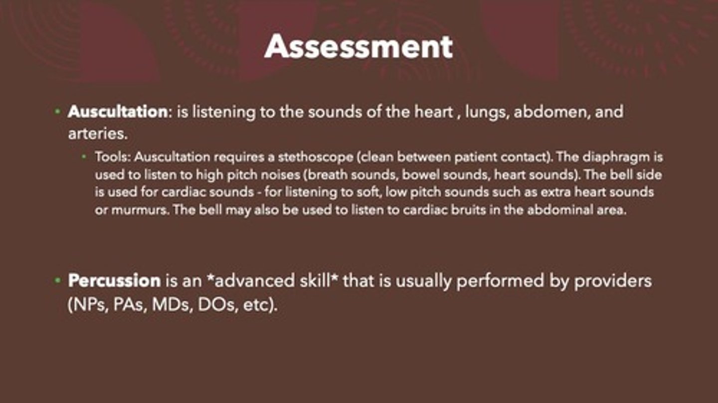 <p>Listening to internal body sounds with a stethoscope.</p>