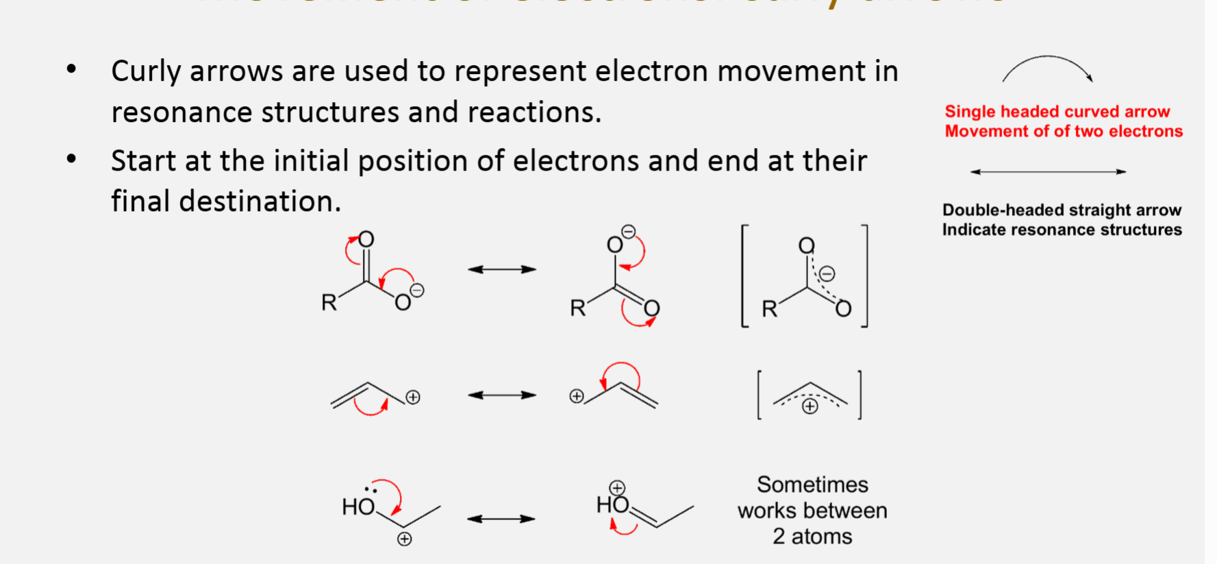 <ul><li><p>Curly arrows are used to represent electron movement in resonance structures and reactions</p></li><li><p>Start at the initial position of electrons and end at their final destination</p></li></ul><p></p>