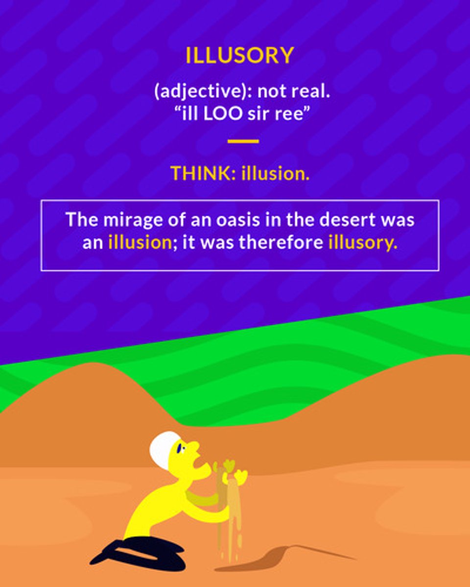 <p>(adj.) deceptive; not real</p>