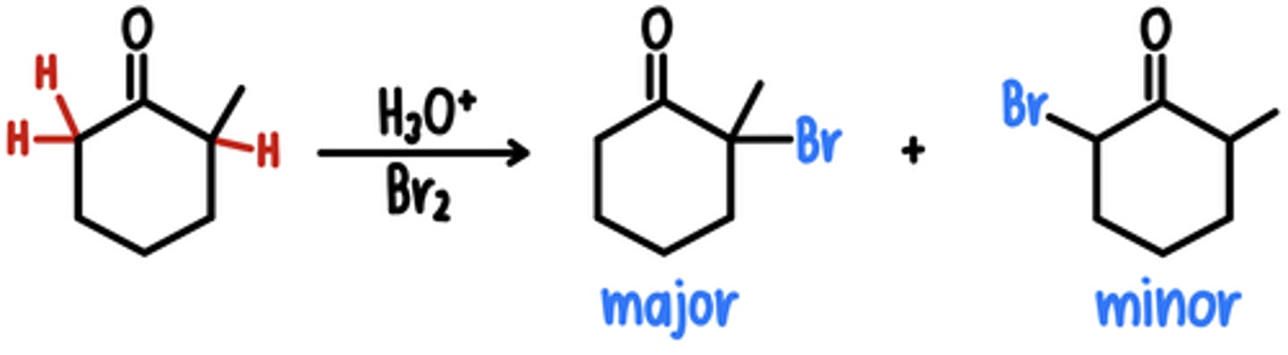 <p>Starting Material: Aldehyde/Ketone</p><p>Acidic Alpha Halogenation → 1 ⍺ proton replaced w/ Br</p><p>Reagents: H3O+, Br2</p><p>Intermediate: Enol</p><p>*if unsymmetrical, Br added to more substituted side</p>