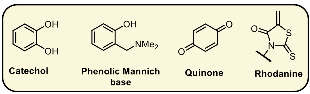 <p>Molecules often detected in assays that are active owing to artefacts or lack of specificity. (Reaction with amino acids that are non-specific or interference with the assay mechanism)</p><p></p>