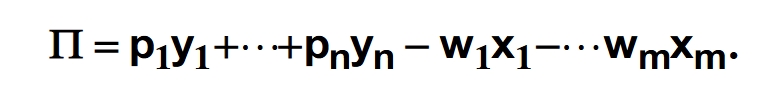 <p>Profit (<span>π) = p1y1 + .. pnyn - w1×1- …wmxm</span></p>