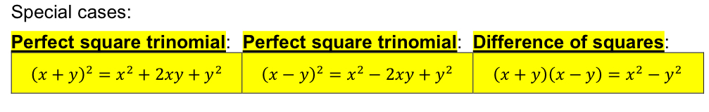 <p>Perfect Square <strong>Trinomial</strong></p><ul><li><p>Negative</p></li><li><p>Positive</p></li></ul><p><strong>Difference if Squares</strong></p>