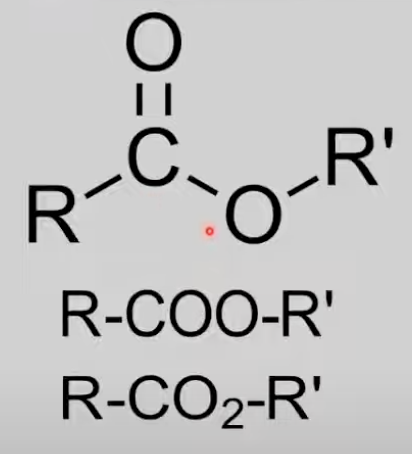 <p>COO group between two alkyl groups.</p><p>General formula: C<sub>n</sub>H<sub>2n</sub>O<sub>2</sub>.</p><p>Formed by alcohol + acid, undergo hydrolysis.</p>