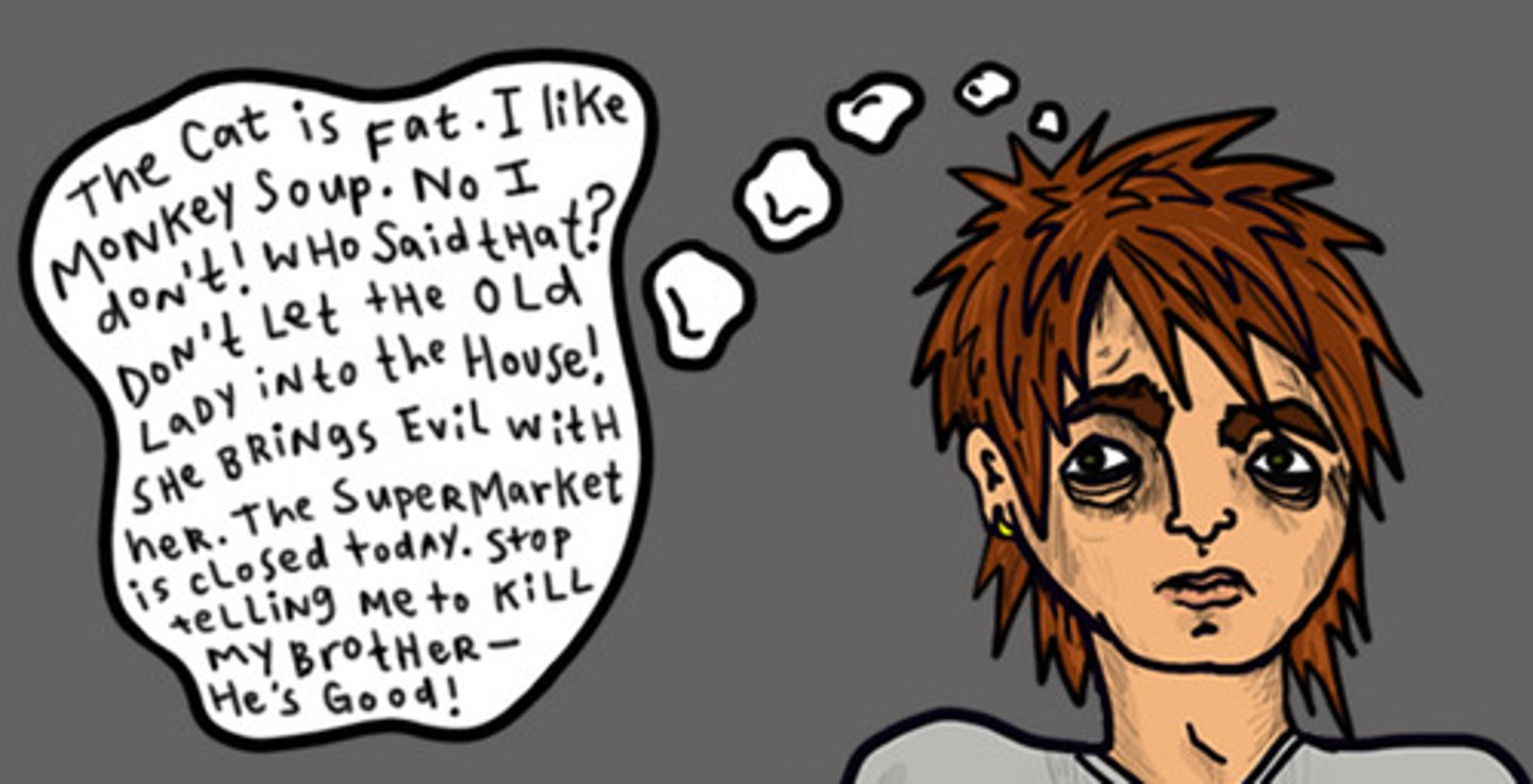 <p>a positive symptom on the schizophrenic spectrum characterized by incoherent and disjointed thought processes (e.g., rambling, illogical remarks, as well as difficulty understanding, remembering, or completing tasks)</p>