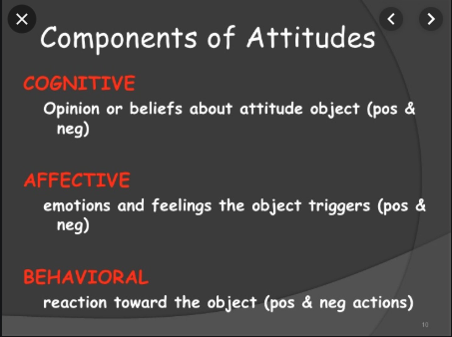<p>Our evaluation of a person, an idea, or an object, Can be positive or negative. Affective component - feelings. Behavioral component - effect on behavior. Cognitive component - belief and knowledge.</p>