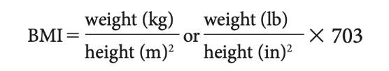 <p>An index of a person’s weight in relation to height; determined by dividing the weight (in kilograms) by the square of the height (in meters)</p>
