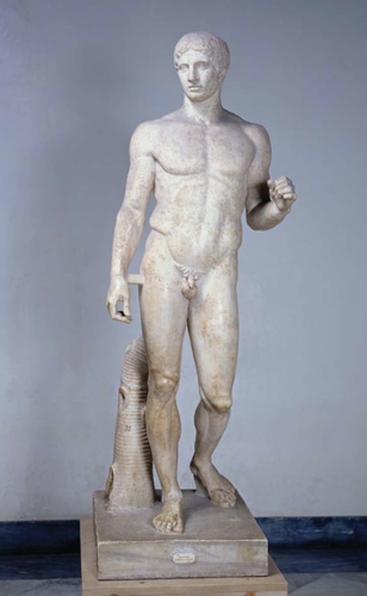 <p>DOC: 450-440 BCE</p><p>ROO: Greece, copy: pompeii</p><p>M: Originally bronze cast, roman copy: marble</p><p>- classical</p><p>- contrapposto</p><p>- idealized body + proportions</p><p>- once carried spear + shield</p><p>- shows transition |b| archaic + classical style</p>