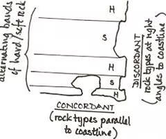 <p>a coastline with bands of different geologies lying parallel to the coastline</p>
