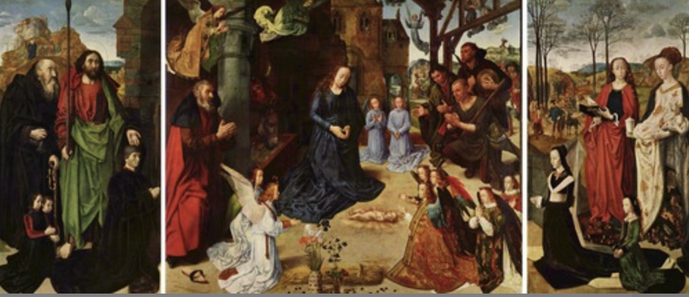 * Architecture and Northern European landscape tie all three panels together
* Donors represented on side panels with a swedish retelling of the adoration of the shepherds portrayed in the main panel (instead of holding baby jesus, mary prays along with the shepherds)
* Hidden symbolism (flowers representing the virgin, harp signifying the ancestry of christ
* Background also tells story of the journey of mary and joseph to bethlehem all the way to the arrival of the magi