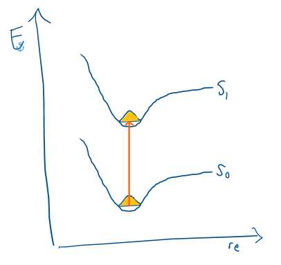 <p>If the equilibrium bond lengths are the same for S1 and S0 then the highest intensity transition will be the v”=0 —&gt; v’=0</p>
