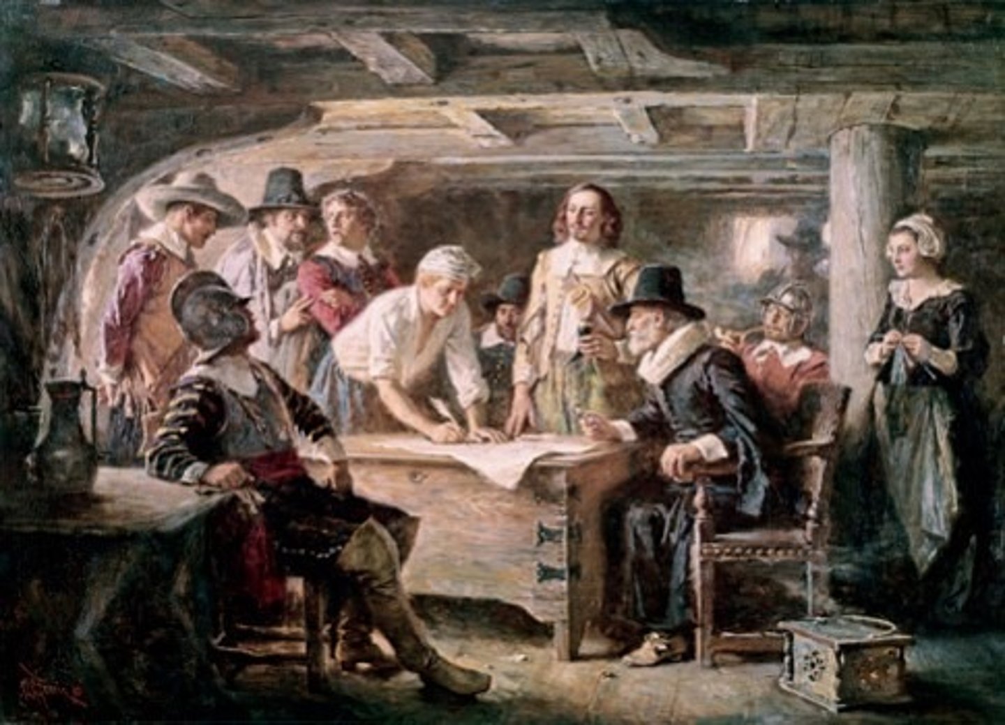 <p>1620 - The first agreement for self-government in America. It was signed by the 41 men on the Mayflower and set up a government for the Plymouth colony</p>