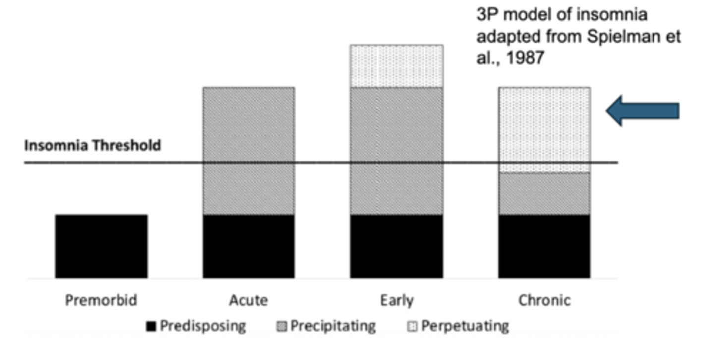 <p>Y-axis: insomnia severity</p><p>Threshold: when insomnia symptoms become clinically significant</p><p>Premorbid: no insomnia symptoms</p><p>Acute: meaningful insomnia symptoms</p><p>Early: engage in perpetuating factors</p><p>Chronic: precipitating factor goes away, perpetuating behaviors maintaining the insomnia in the long-run</p>