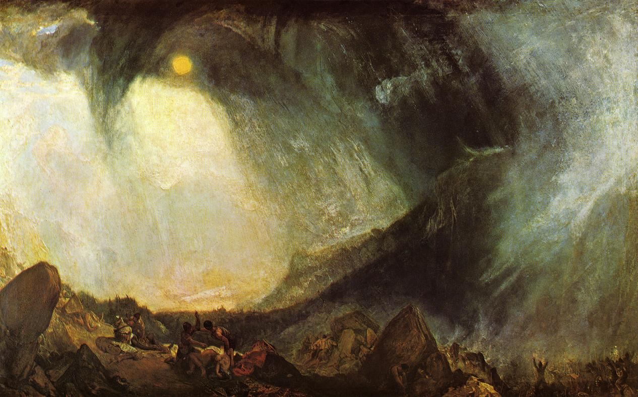 <p>Romantic sensibility. Humans are powerless against nature. Even General Hannibal is dwarfed by nature. Snow and wind powerful like a wave. Romantic Sublime. </p>
