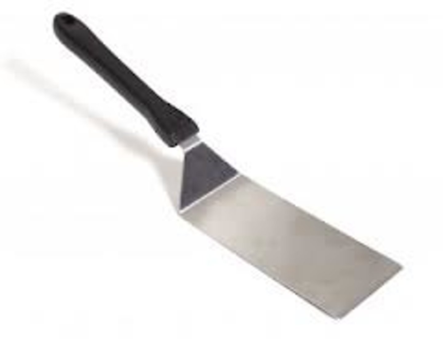 <p>A small tool used to turn food items on a griddle or broiler. It has a wide, chisel-edged blade and a short handle.</p>