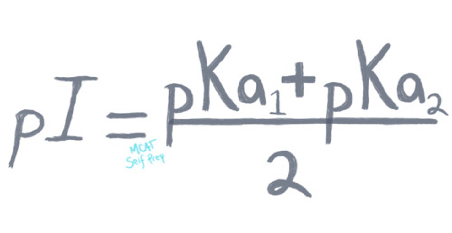 <p>The pI for a simple compound can be calculated by averaging</p><p>the 2 pKa's that are relevant to the concentration of the</p><p>molecule in its neutral charge state.</p><p>Neutral R group: the pI is the average of the carboxylic acid group and amino group pKa values.</p><p>Acidic R group: the pI is the average of the carboxylic acid group and side chain pKa values.</p><p>Basic R group: the pI is the average of the amino group and side chain pKa values.</p><p>Struggling with the one-letter abbreviations, three-letter abbreviations, structures, and the essential properties of Amino Acids? Learn how to conquer any Amino Acid MCAT question using Andrew's Amino Acid Mastery Course @ https://mcatselfprep.com/course/andrews-amino-acid-mastery-course/</p>
