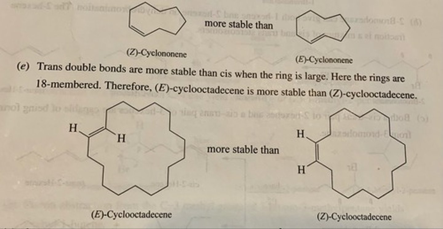 <p>(a) (Z)-cyclononene because when the ring is smaller than 11, trans double bonds are more stable</p><p>(b) (E)-cyclooctadecene because when the ring is larger than 11, the cis double bond is the most stable</p>