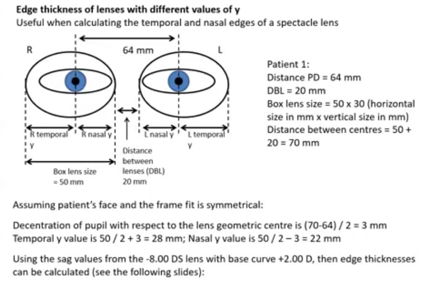 <p>useful when calculating the temporal and nasal edges of spectacle lens </p><p>for each eye, temporal y and nasal y = horizontal lens size </p><p>distance between the centres of the two lenses is usually larger than the patients PD </p><p>temporal y is usually greater than nasal y</p><p>if frame was made smaller, tempral y value reduces as thickness reduces&nbsp;</p><p>if made bigger, value increases&nbsp;</p><p></p><p> </p>