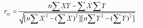 <ul><li><p>rxy = the correlation between x and y</p></li><li><p>n is the sample size</p></li><li><p>X is each individual's score on the X variable</p></li><li><p>Y is each individual’s score on the Y variable</p></li><li><p>XY is the product of each X score times its corresponding Y score</p></li><li><p>X2 is each individual's X score squared</p></li><li><p>Y2 is each individual’s Y score squared</p></li></ul>