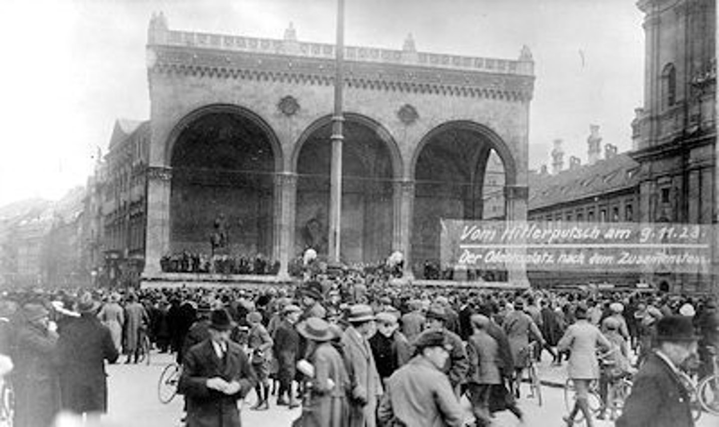 <p>Failed attempt by Hitler and the Nazi Party to overthrow the Weimar government. Hitler was arrested an imprisoned after the coup failed.</p>