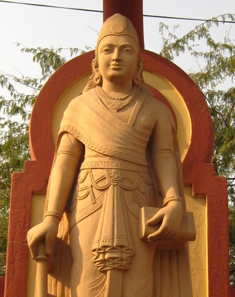 <p>Founder of Mauryan dynasty; established first empire in Indian subcontinent; first centralized government since Harappan civilization.</p>