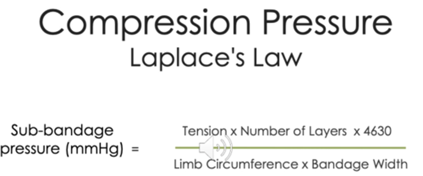 <p>Sub Bandage Pressure (mmhg) = (Tension) x (Number of Layers) x (4630) \ (Limb Circumference) x (Bandage Width)</p>
