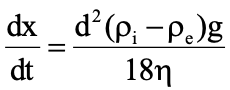 <p>dx/dt = rate of settling</p><p>d = diameter of particle</p><p>Pi = density of particles</p><p>Pe = density of medium</p><p>g = gravitational constant</p><p>N = viscosity of medium</p>