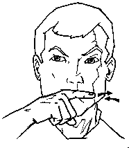 <p>show teeth, finger&nbsp;“brushes” back and forth&nbsp;</p>