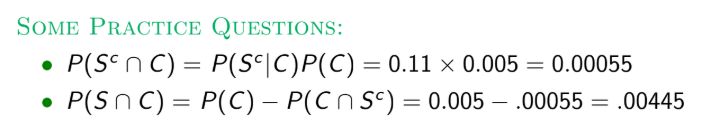 <p>Example: about 50% of all emails are spam (S) </p><p>0.5% of all emails involve a subject line that is all-caps (C) </p><p>Given an email contains in all-caps subject line, the probability is not spam is .11 (P(S^c|C))</p><p>Some practice questions: </p><p></p><p></p>