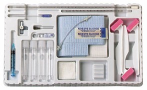 <p>Medical kits containing instruments and supplies for performing lumbar punctures, used to collect cerebrospinal fluid or administer medications. </p>