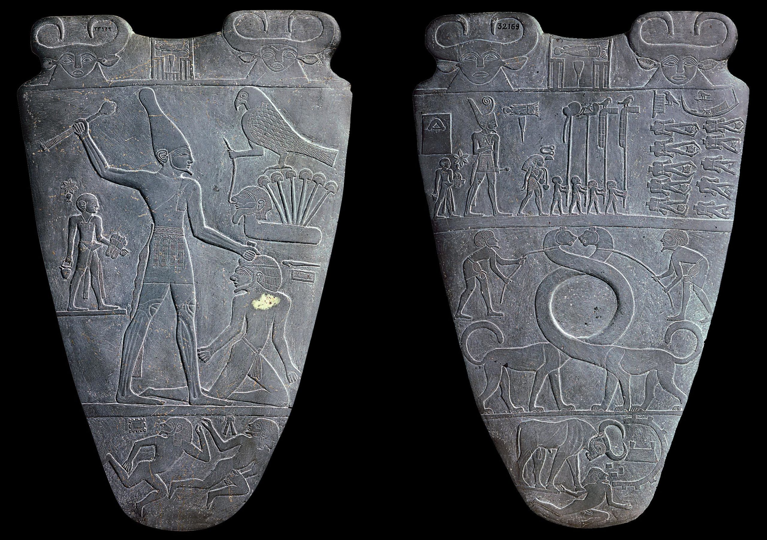 <p>3,000 BCE. Predynastic. Represents the unification of Lower and Upper Egypt (on each side, see headdresses). Established the style of iconography that would not change for the next 3,000 years (twisted perspective, scale, horizontal registers). Slate.</p>
