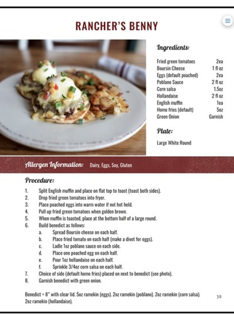 <p>fried green tomato/poached egg/English muffin/Boursin/corn salsa/poblano sauce/hollandaise 15.95</p>