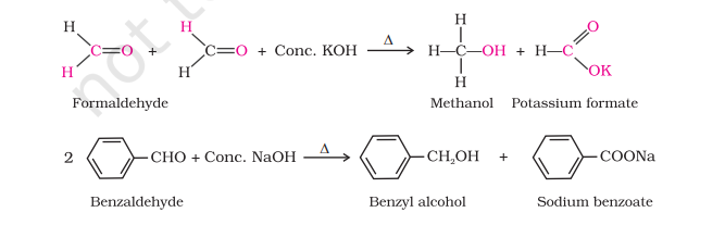 <p>Aldehydes which do not have an α-hydrogen atom, undergo self oxidation and reduction (disproportionation) reaction on heating with concentrated alkali. In this reaction, one molecule of the aldehyde is reduced to alcohol while another is oxidised to carboxylic acid salt.</p><p></p><p></p>