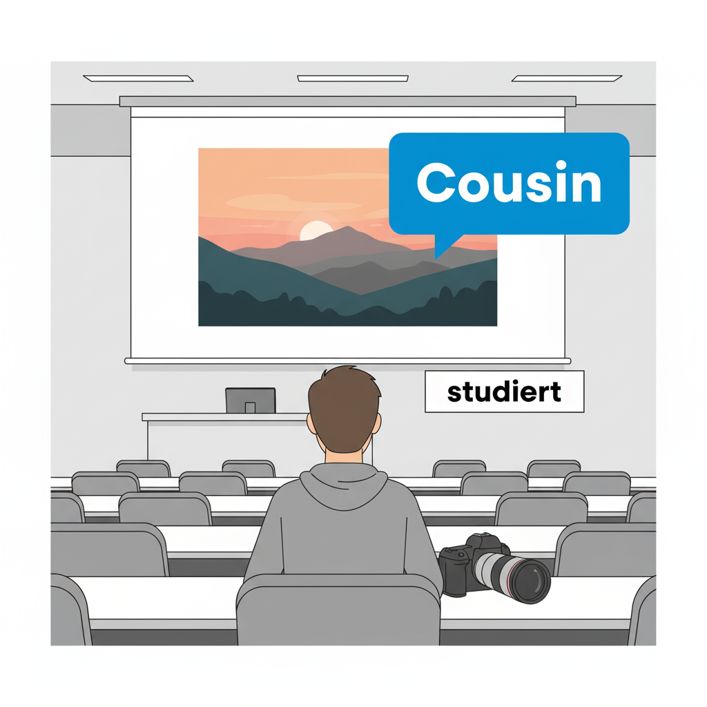 <p>Mein <strong>Cousin</strong> ist kein <strong>Fotograf</strong> von Beruf, aber er <strong>studiert</strong> Fotografie an der Universität.</p>