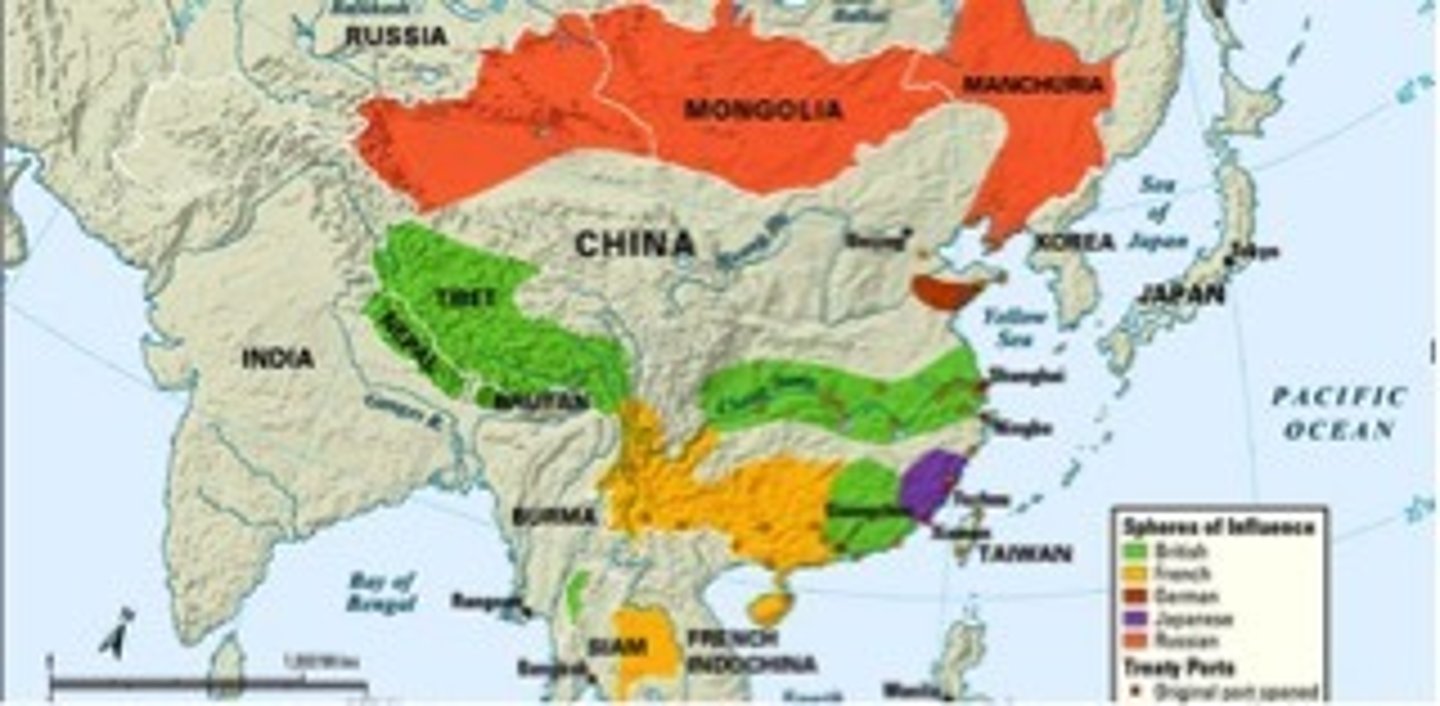 <p>Areas of China where foreign nations (Great Britain, Germany, Japan, France) controlled economic developments such as railroad construction and mining; an example of economic imperialism.</p>