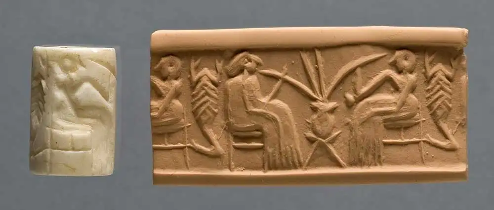 Cylinder seal (left) and modern impression (right) depicting two people drinking beer through long straws, found in Khafajeh, Iraq, ca. 2600–2350 BCE, via Oriental Institute of the University of Chicago