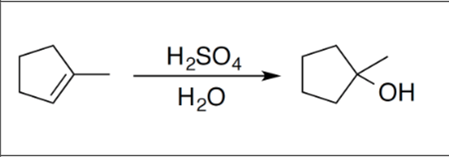 <p>Carbocation: yes</p><p>Regiochemistry: mark</p><p>Stereoselectivity: none</p><p>Reagent(s): strong acid (H2SO4) over H2O</p><p>- OH added to more stable CC+ of alkene</p><p>*KNOW MECHANISM*</p>
