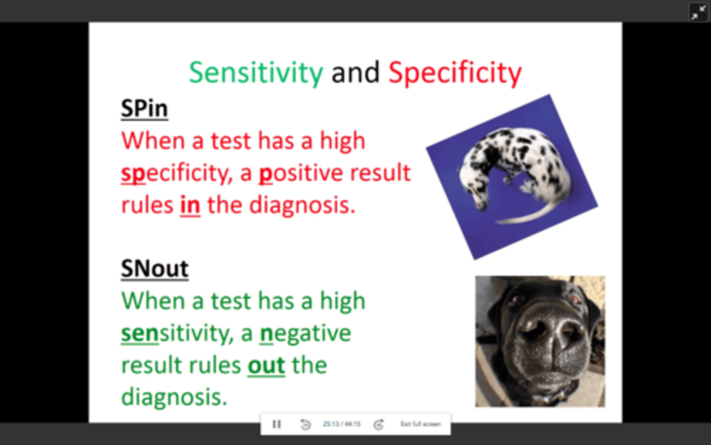 <p>-Someone will get (+) if they have the condition</p><p>-A (-) result = better able to rule OUT the diagnosis</p><p>-has few false negatives</p><p>-Very low likelihood ratio</p>