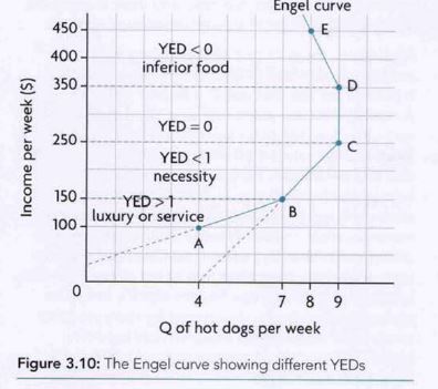 <ul><li><p>more accurately illustrates YED then demand curve shifts</p></li><li><p><span style="font-family: Google Sans, arial, sans-serif">Engel Curves are </span><strong>all points representing the quantities demanded of the goods at various levels of income, when prices and preferences are held constant</strong></p></li></ul>