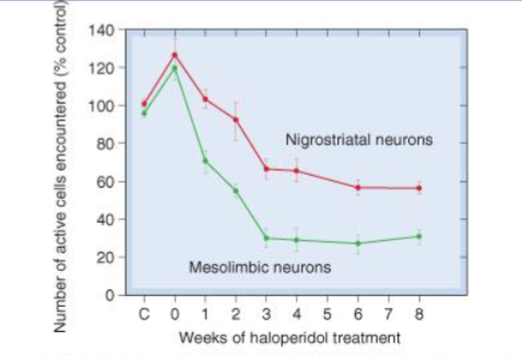 <p>Acute:&nbsp;antagonists&nbsp;at dopamine D2 receptors → block the effects of dopamine released from the mesolimbic pathway (reduced positive symptoms). Initial spike in DAergic neuron activity.</p><p>Chronic: Long term decrease in&nbsp;DAergic neuron activity.</p>