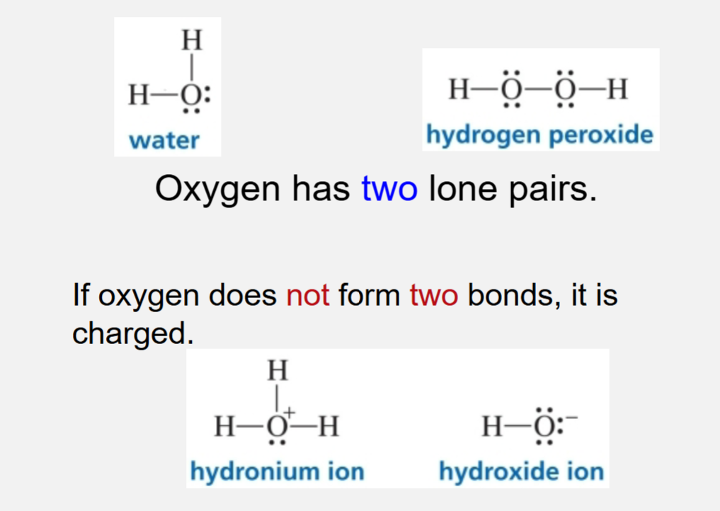 <p>Neutral oxygen forms 2 bonds</p><ul><li><p>Oxygen has 2 lone pairs</p></li><li><p>If oxygen does not form 2 bonds it is charged</p></li></ul><p></p>