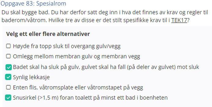 <ul><li><p>Badet skal ha sluk på gulv, gulvet skal ha fall (på deler av gulvet) mot sluk</p></li><li><p>Synlig lekkasje</p></li><li><p>Snusirkel (>1,5m) foran toalett på minst ett bad i boenheten</p></li></ul><p></p>