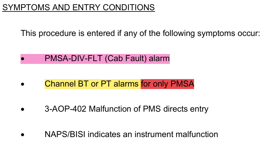 <p>PMSx-DIV-FLT (Cab Fault) alarm</p><p>Channel specific BT or PT alarms</p><p>AOP-402 Malfunction of PMS directs entry</p><p>NAPS/BISI indicates malfunction</p>